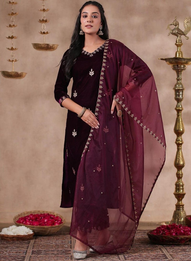 ISHIN Women's Purple Velvet Self Design Full Length Palazzo Kurta Set  - Image 1