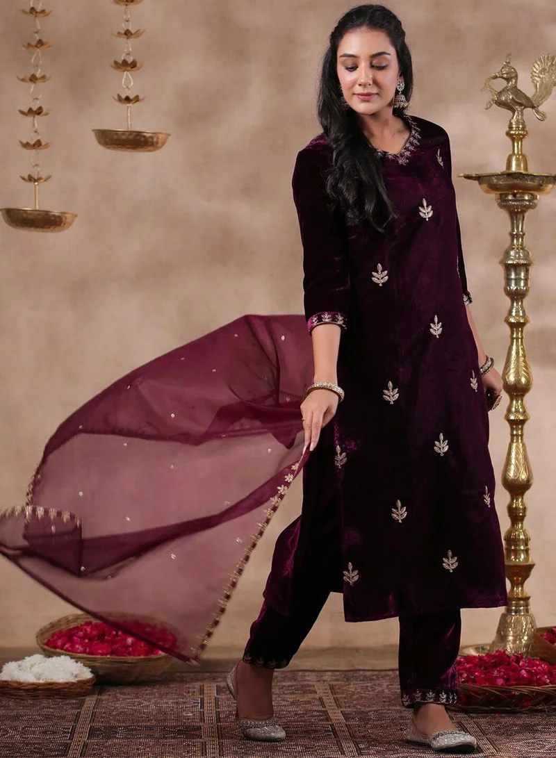 ISHIN Women's Purple Velvet Self Design Full Length Palazzo Kurta Set