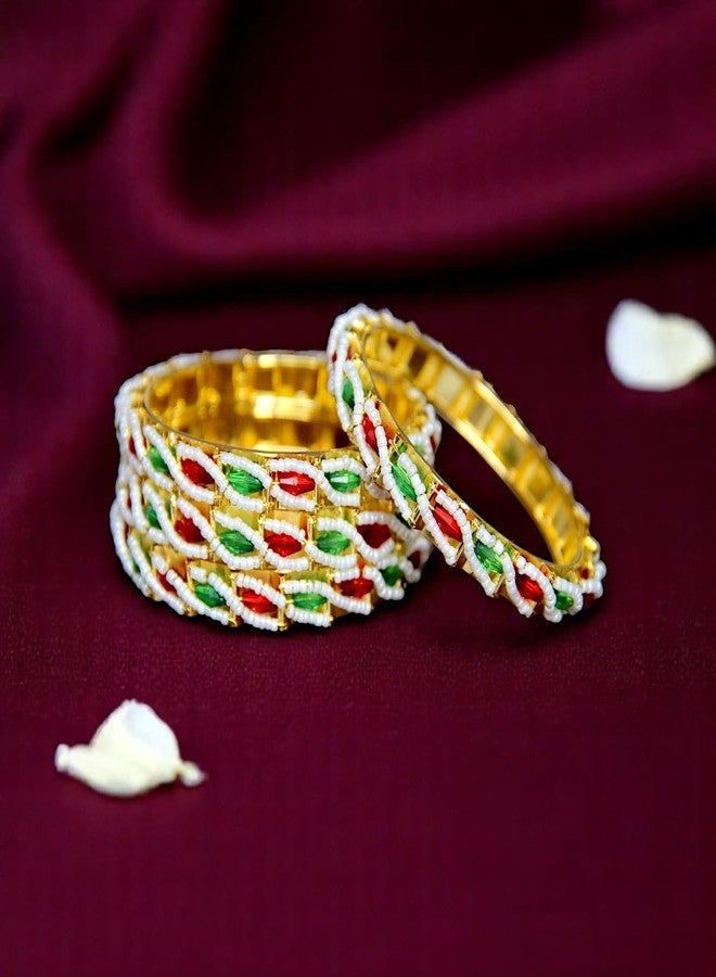 ACCESSHER Gold Plated Bangle Style Brass Kada For Women | Traditional Rajwadi Bangles, Beaded Pearl, Multicolour Stone | Stylish Bangles Set for Girls and Women (2.8) - Image 3