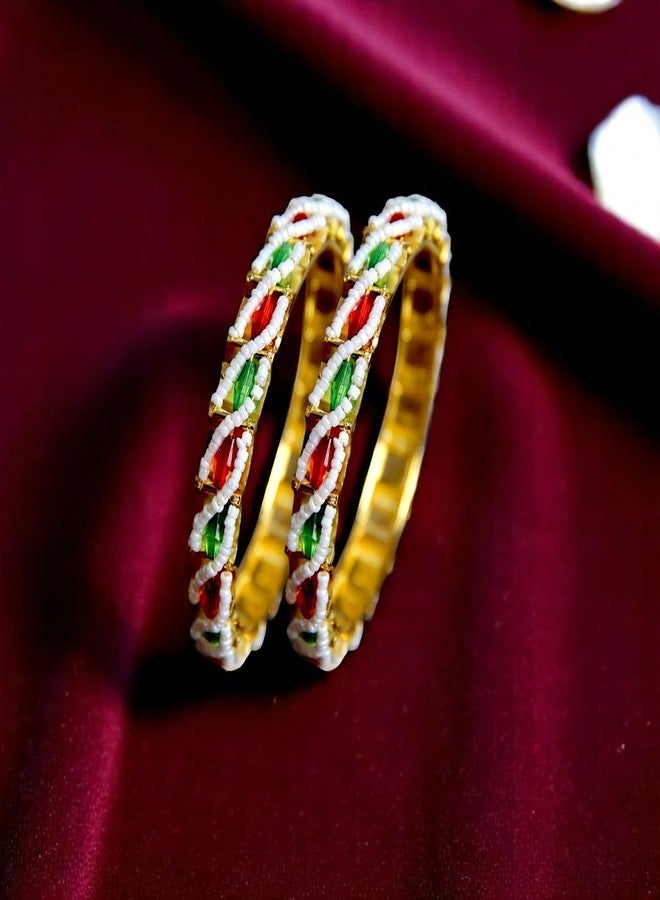 ACCESSHER Gold Plated Bangle Style Brass Kada For Women | Traditional Rajwadi Bangles, Beaded Pearl, Multicolour Stone | Stylish Bangles Set for Girls and Women (2.8) - Image 4