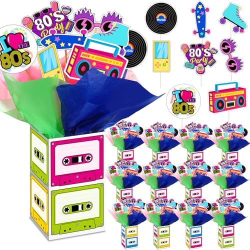 Weekgrat 12 Sets 80s Retro Party Decorations 80s Centerpieces Retro Hip Hop Table Toppers with Cassette Tape Box 1980s Cutouts and Sticks for Shower Party Birthday Decor - Image 1
