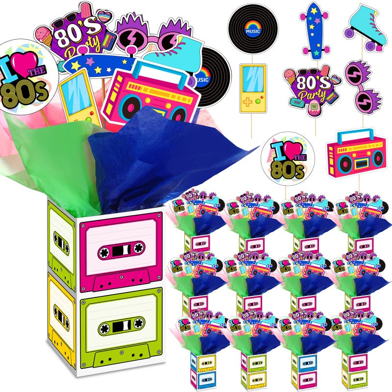 Weekgrat 12 Sets 80s Retro Party Decorations 80s Centerpieces Retro Hip Hop Table Toppers with Cassette Tape Box 1980s Cutouts and Sticks for Shower Party Birthday Decor - Image 3