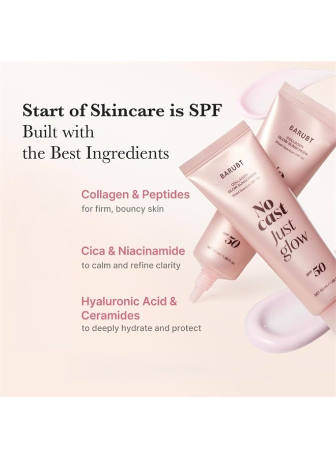 باروبت No Cast Just Glow Collagen Sunscreen  SPF 50 Wide Spectrum Face Sunscreen  خفيفة الوزن ، غير اللاصقة ، صيغة ترطيبية  الببتيد ، Cica للتهدئة واللمع  العناية بالبشرة الكورية - Image 2