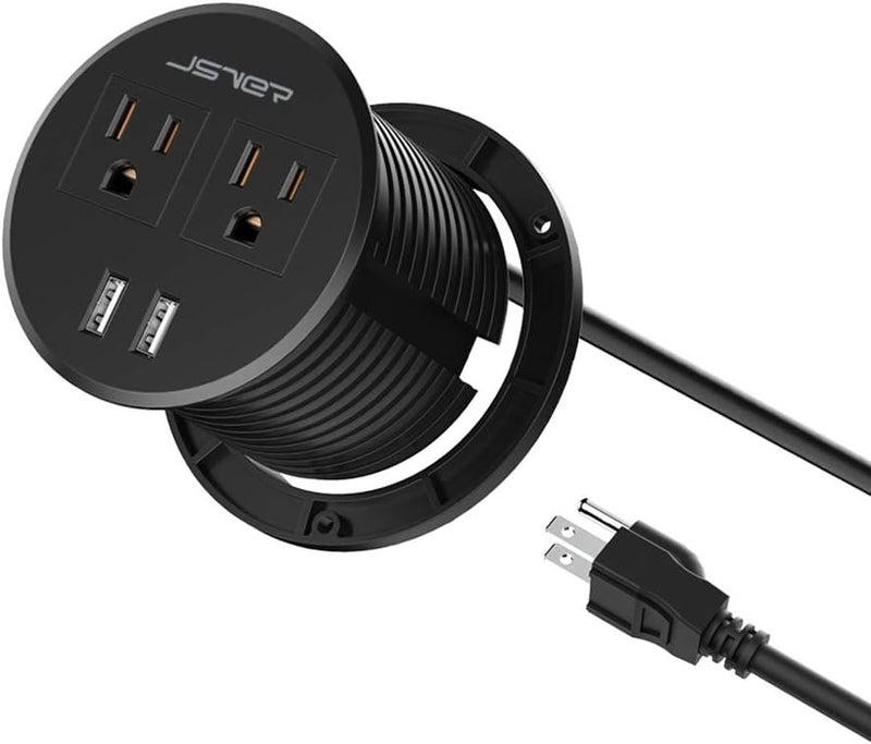 JSVER Desktop Power Grommet JSVER Mini Desktop Power Strip Hide Recessed Power Grommet Socket with 2 AC Outlets and 2 USB Charging PortsCable for a 318 Inch Desk Hole for Kitchen TableConference Room - Image 1