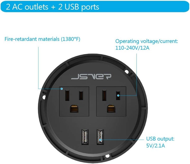JSVER Desktop Power Grommet JSVER Mini Desktop Power Strip Hide Recessed Power Grommet Socket with 2 AC Outlets and 2 USB Charging PortsCable for a 318 Inch Desk Hole for Kitchen TableConference Room - Image 5