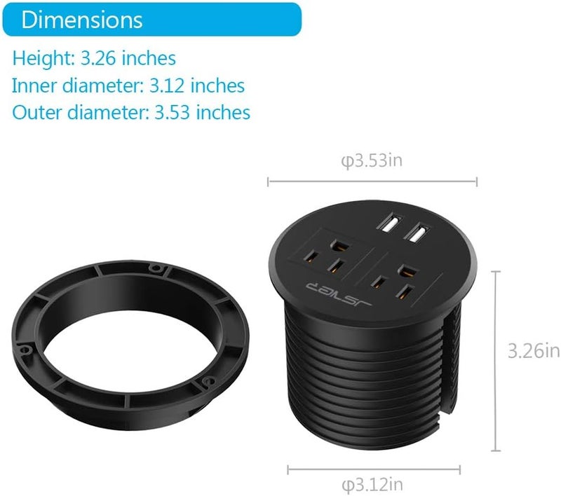 JSVER Desktop Power Grommet JSVER Mini Desktop Power Strip Hide Recessed Power Grommet Socket with 2 AC Outlets and 2 USB Charging PortsCable for a 318 Inch Desk Hole for Kitchen TableConference Room - Image 2