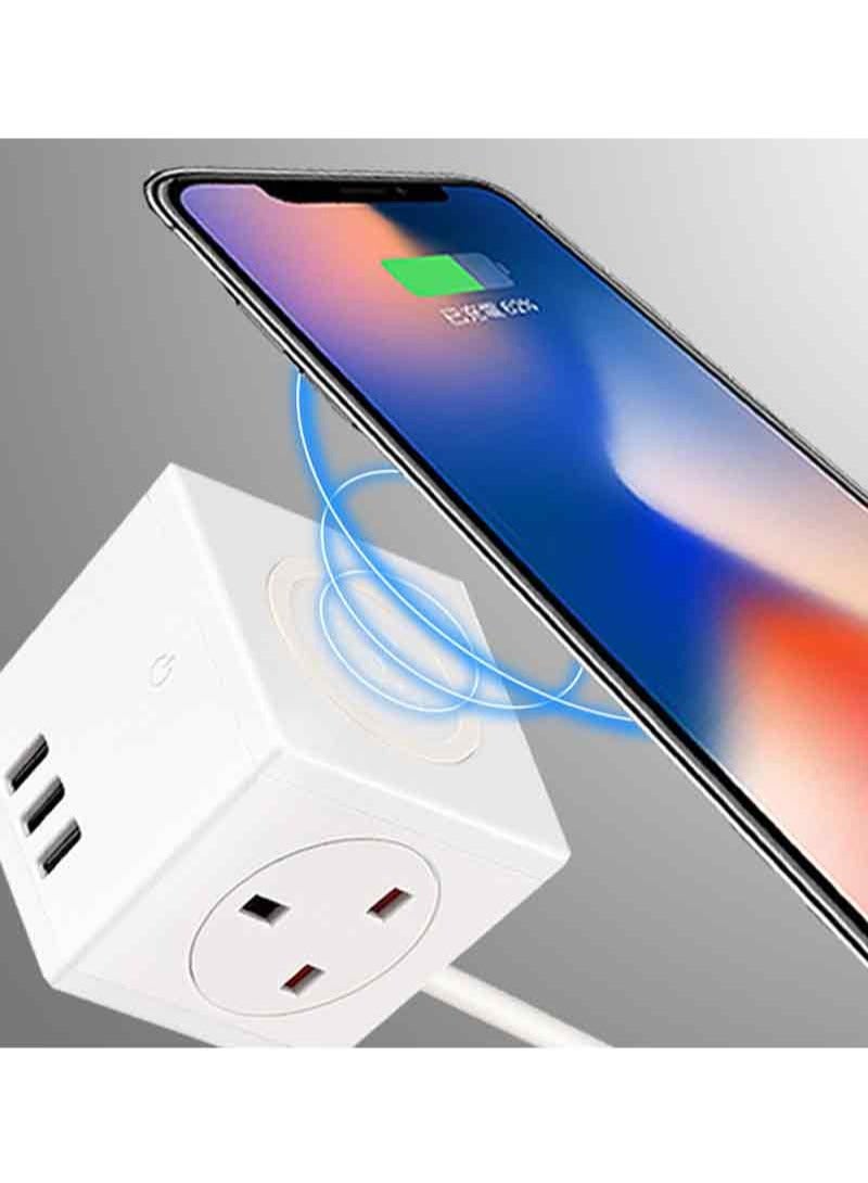 فلاش هوك 1 مقبس توصيل سلك برج شرائط كهرباء مع 3 منافذ USB ووظيفة شحن لاسلكي 1.8 متر أبيض - Image 2
