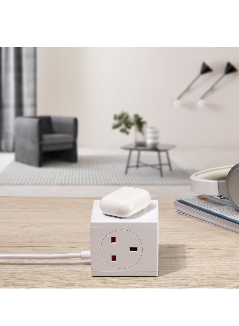 فلاش هوك 1 مقبس توصيل سلك برج شرائط كهرباء مع 3 منافذ USB ووظيفة شحن لاسلكي 1.8 متر أبيض - Image 3