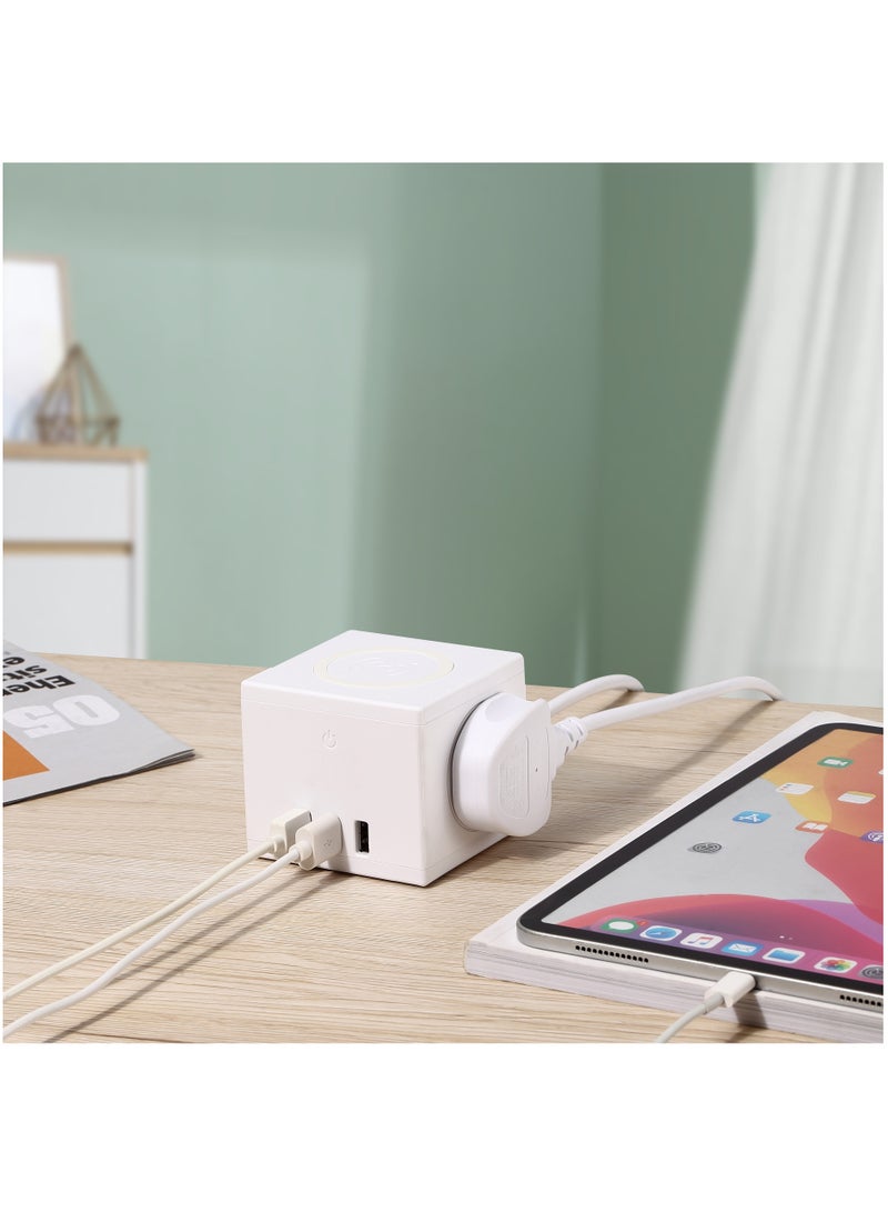 فلاش هوك 1 مقبس توصيل سلك برج شرائط كهرباء مع 3 منافذ USB ووظيفة شحن لاسلكي 1.8 متر أبيض - Image 4