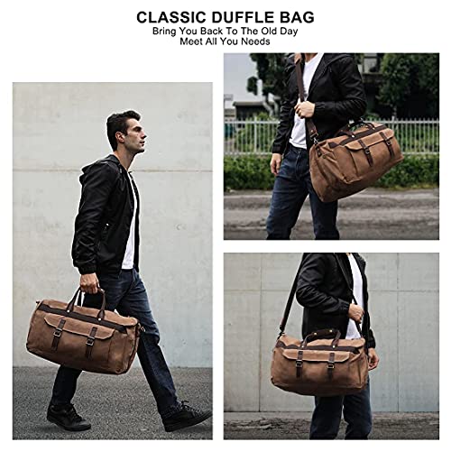 SOAEON Duffle Bag for Men Waterproof Genuine Leather Canvas Travel Duffel Bags for Women Overnight Weekender Bag for Traveling, Brown - Image 5