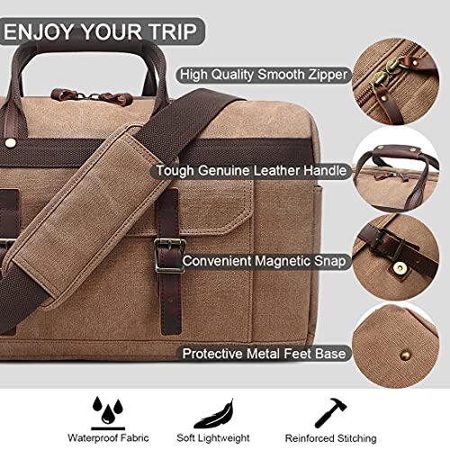 SOAEON Duffle Bag for Men Waterproof Genuine Leather Canvas Travel Duffel Bags for Women Overnight Weekender Bag for Traveling, Brown - Image 3