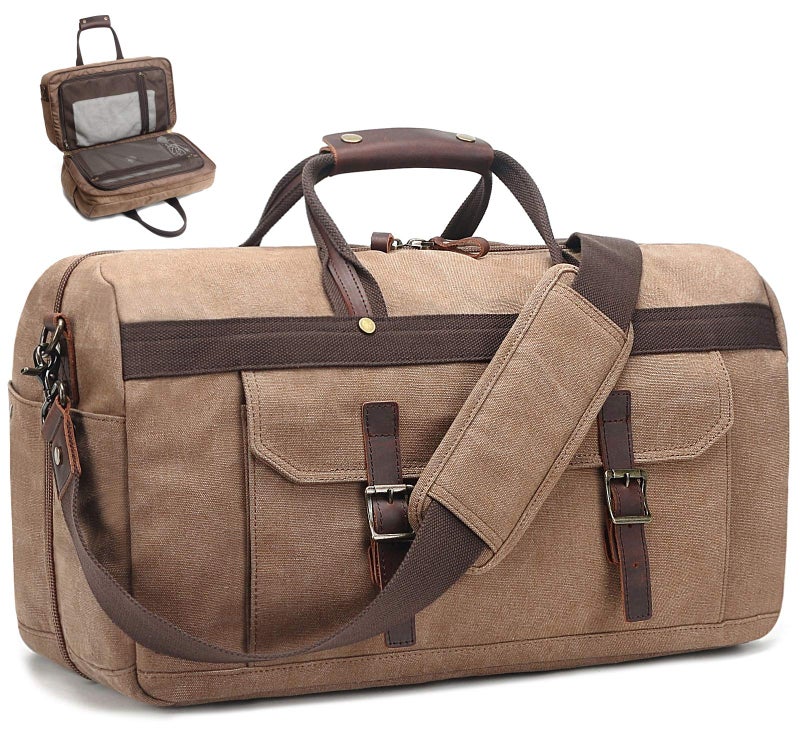 SOAEON Duffle Bag for Men Waterproof Genuine Leather Canvas Travel Duffel Bags for Women Overnight Weekender Bag for Traveling, Brown - Image 1