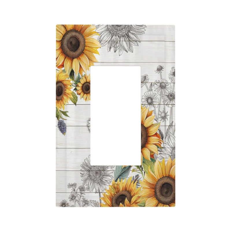 Rustic Sunflower Vintage Wood Plank Floral Single Rocker Light Switch Cover 1 Gang Outlet Cover Decorative Gfci Electrical Wall Plate Dimmer Switchplate Faceplate for Farmhouse Bathroom Decora
