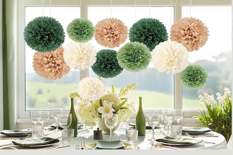 Capesaro Olive Sage Green 12PCS Paper Pom Poms Party Decorations for Natural Green Boho Safari Jungle Party,Hanging Tissue Paper Flowers for Engagement,Wedding,Baby Shower - Image 4
