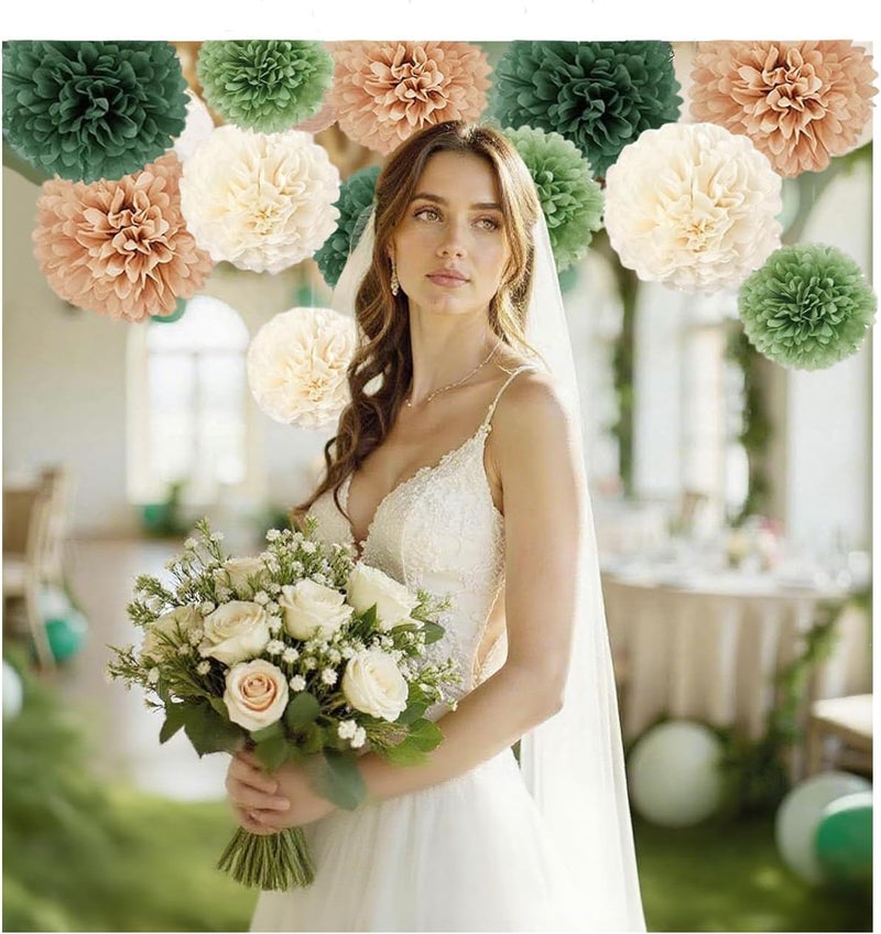 Capesaro Olive Sage Green 12PCS Paper Pom Poms Party Decorations for Natural Green Boho Safari Jungle Party,Hanging Tissue Paper Flowers for Engagement,Wedding,Baby Shower - Image 3