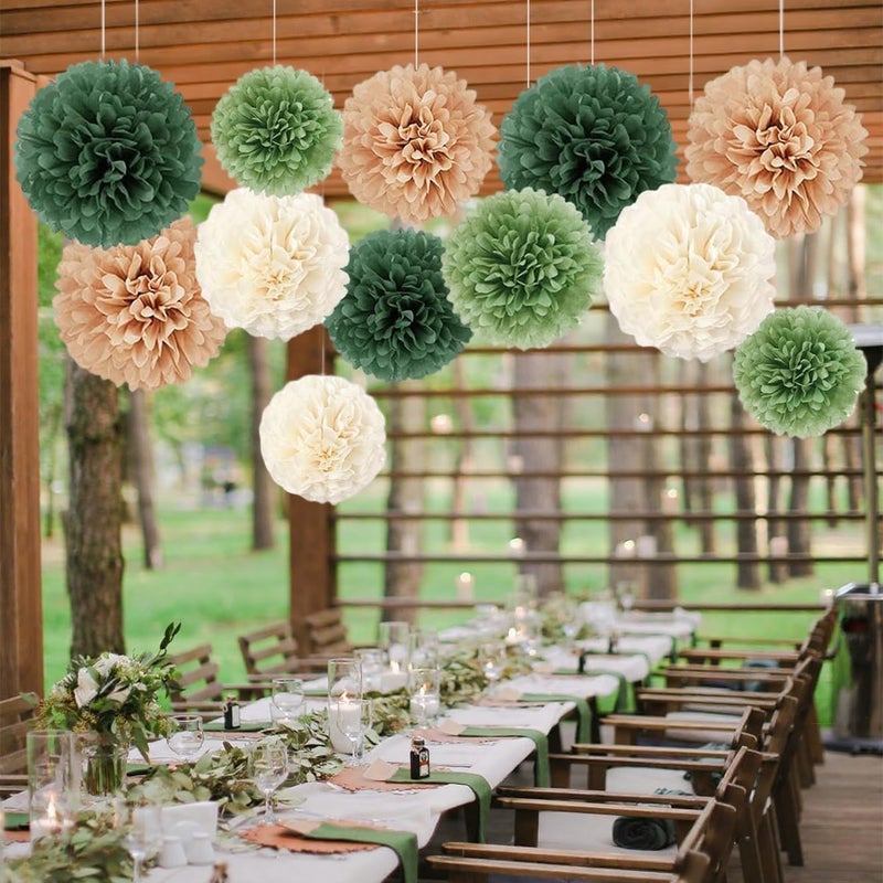 Capesaro Olive Sage Green 12PCS Paper Pom Poms Party Decorations for Natural Green Boho Safari Jungle Party,Hanging Tissue Paper Flowers for Engagement,Wedding,Baby Shower - Image 2