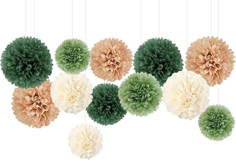 Capesaro Olive Sage Green 12PCS Paper Pom Poms Party Decorations for Natural Green Boho Safari Jungle Party,Hanging Tissue Paper Flowers for Engagement,Wedding,Baby Shower - Image 1