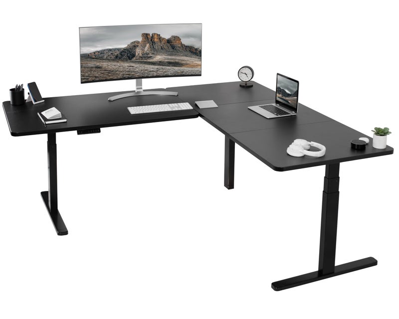 VIVO Electric Height Adjustable 77 x 71 inch Corner Stand Up Desk 2 Black 30 inch Deep Table Tops Black Frame Memory Controller LShaped Workstation 3E Series DESKKIT3E7B