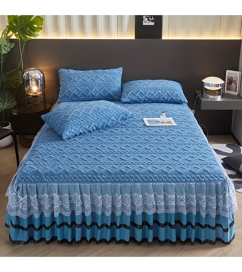 3pcs Lace Bed Skirt Set in Green With 2 Pillowcases 60.24 by 79.92 Inches High End Luxurious Thickened Warm Anti Slip Soft Breathable Foldable Bed Skirt for Bedroom Guest Room - Image 5