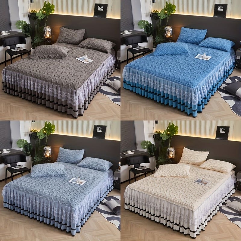 3pcs Lace Bed Skirt Set in Green With 2 Pillowcases 60.24 by 79.92 Inches High End Luxurious Thickened Warm Anti Slip Soft Breathable Foldable Bed Skirt for Bedroom Guest Room - Image 1