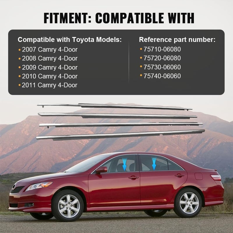GZYF 4PCS Weatherstrips Window Moulding Trim Seal Belt for Toyota Camry 2007-2011, Chrome - Image 2