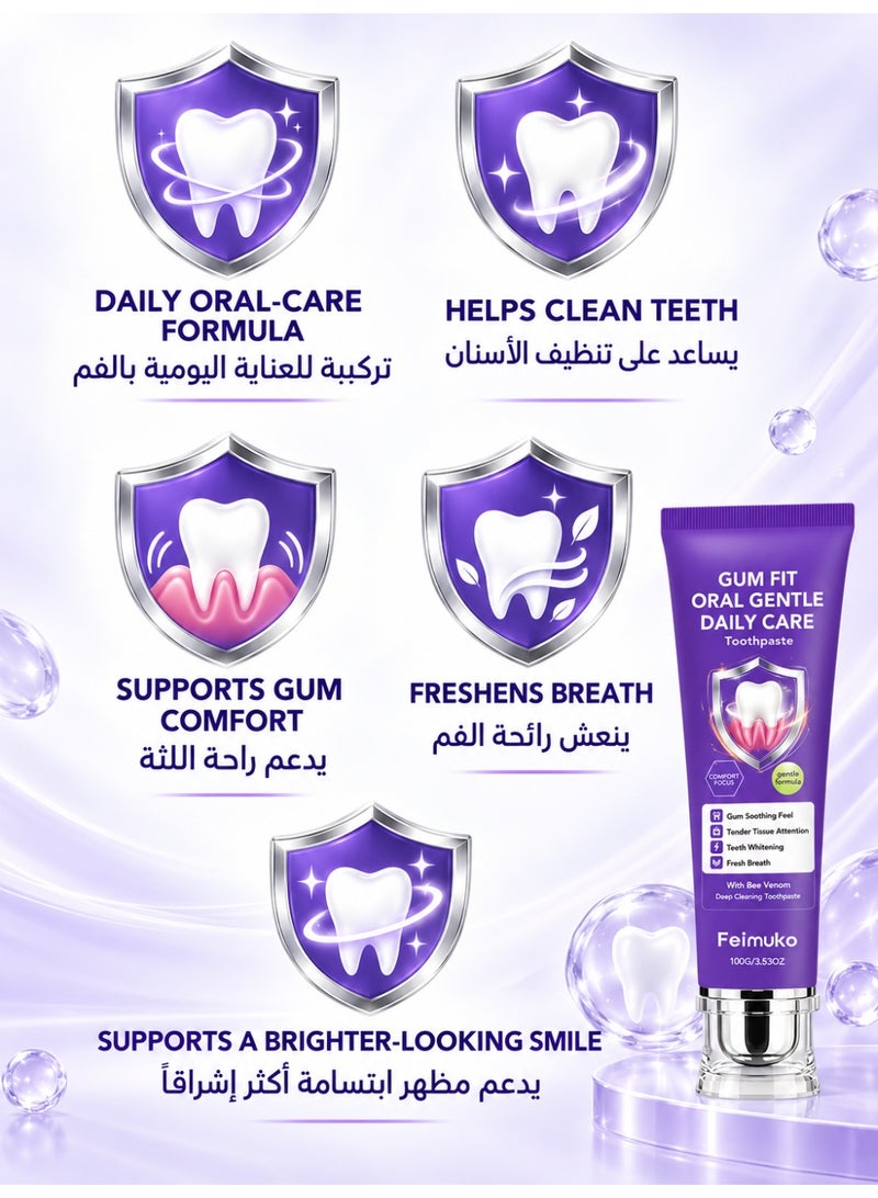 Feimuko Gum Fit Oral Gentle Daily Care Toothpaste, Bee Venom Deep Cleaning Toothpaste for Gum Care, Teeth Whitening & Fresh Breath, 100g - Image 3