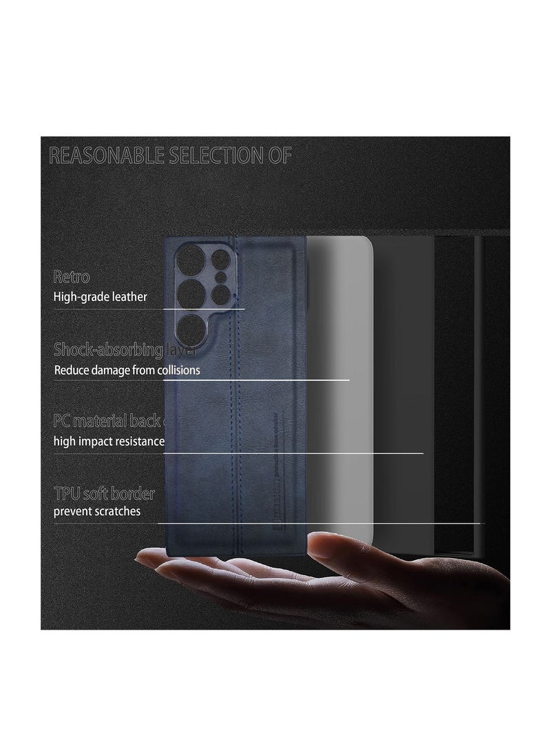 OMAKER Luxury PU Leather Shockproof Case Cover For Samsung Galaxy S23 Ultra 5G 2023 Navy Blue  - Image 5