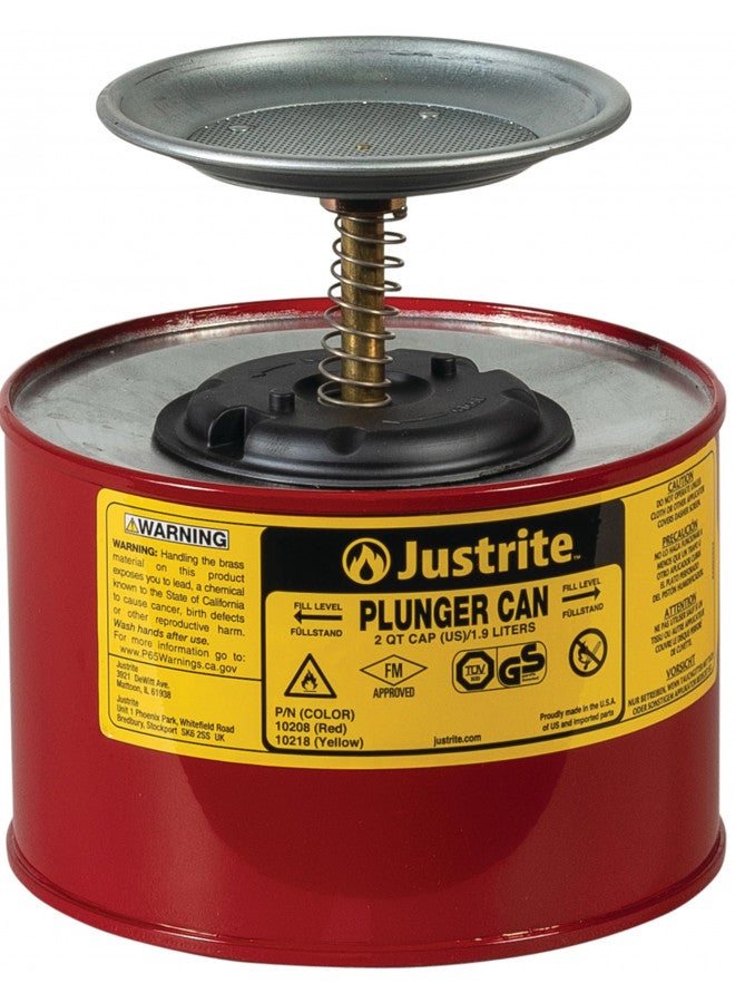 Justrite Justrite 10208 2 Quart, 7.25" H, 7 3/8" O.D, Premium Coated Steel Plunger Can with Brass and Ryton Pump Assembly  - Image 1