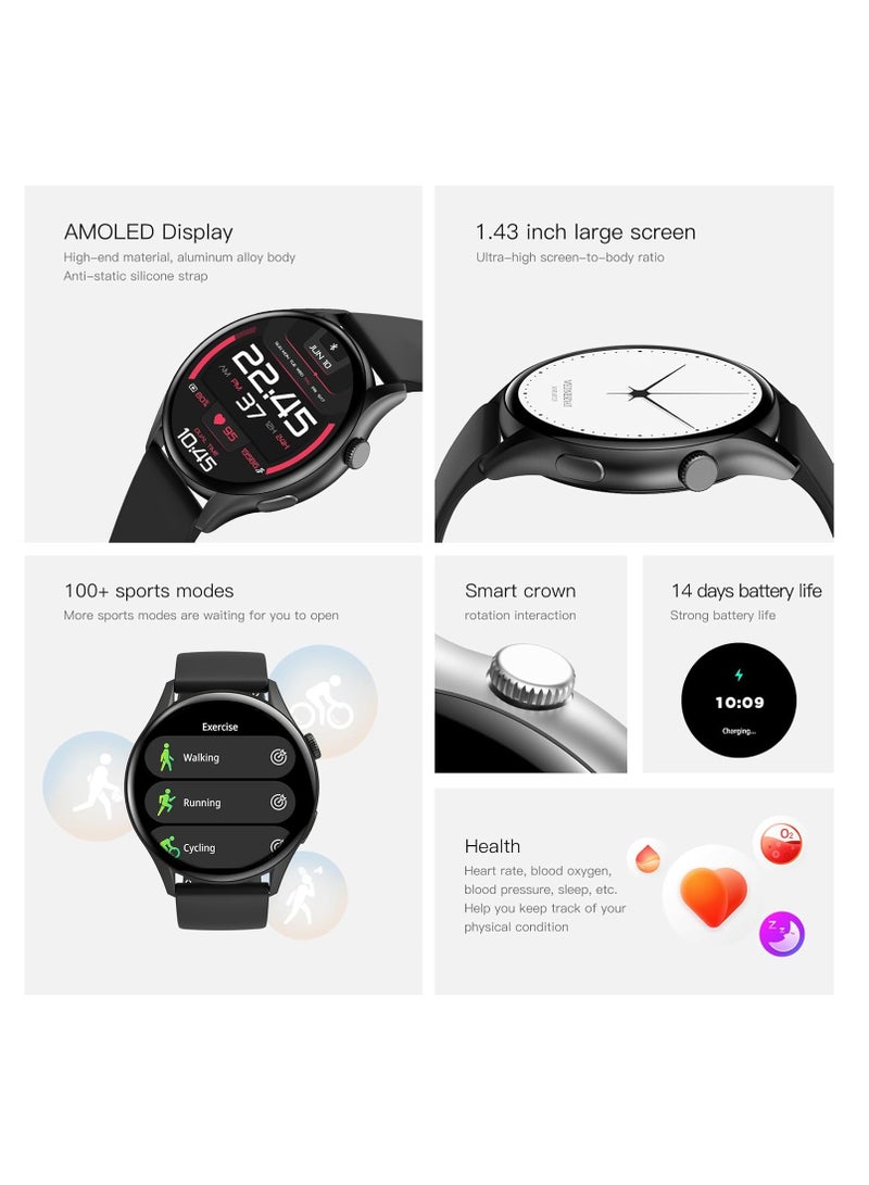 PEJE PEJE ZW10-AMD 1.43" Smartwatch -Smart Watches for Men, SpO2/HR/Sleep Monitor, Muslim Prayer Alerts,IP68 Waterproof, 120 Sports Modes, Bluetooth Calls Compatible Android iOS,Bring a spare strap (Black) - Image 2