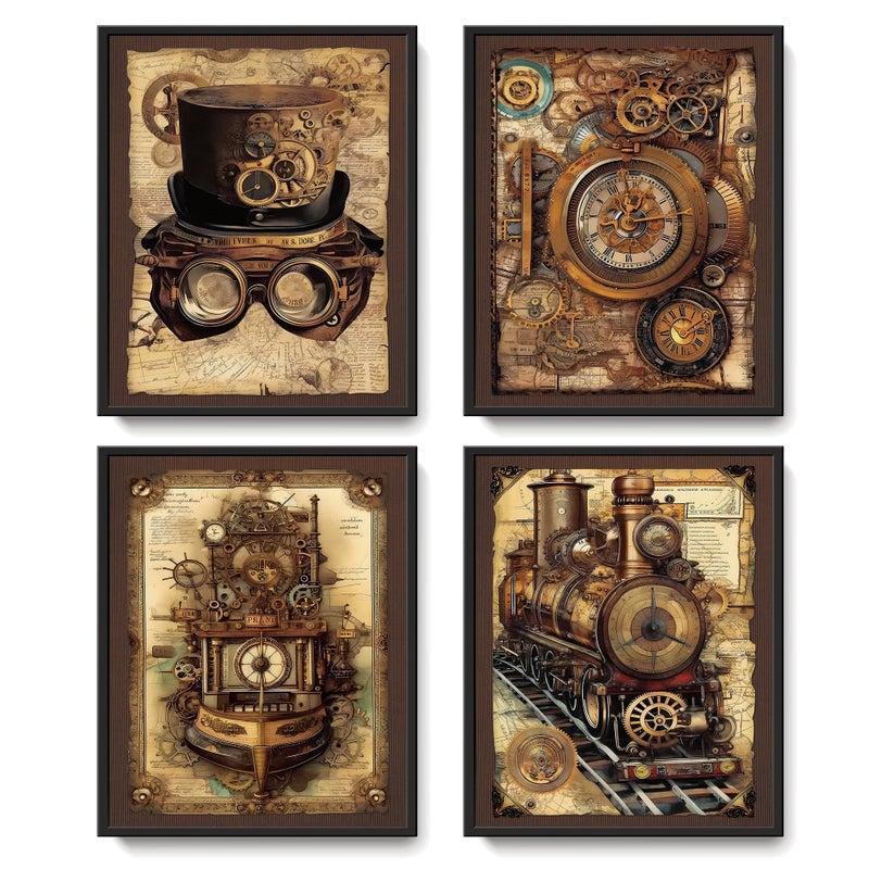 LARTSFRO Vintage Steampunk Wall Art Decor Posters Prints, Punk Room Bedroom Bathroom Dorm Wall Art Decor, Vintage Industrial Train Clock Hat Ship Posters Wall Decor for Home Office Man Cave Decor, 10x8 Inch Set of 4 Pcs Pictures (UNFRAMED) - Image 1