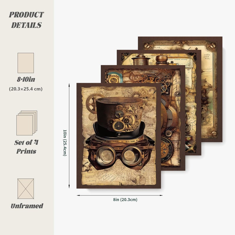 LARTSFRO Vintage Steampunk Wall Art Decor Posters Prints, Punk Room Bedroom Bathroom Dorm Wall Art Decor, Vintage Industrial Train Clock Hat Ship Posters Wall Decor for Home Office Man Cave Decor, 10x8 Inch Set of 4 Pcs Pictures (UNFRAMED) - Image 3