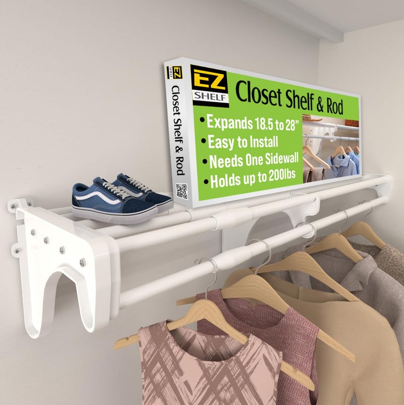 EZ Shelf EZ Shelf  Closet Shelf with Hanging Rod  643119 Expandable White Closet Shelves  Strong Holds 200 lbs  Easy Install  1 Side Wall  Backwall with 1 End Bracket Alternative to Wire Shelving 