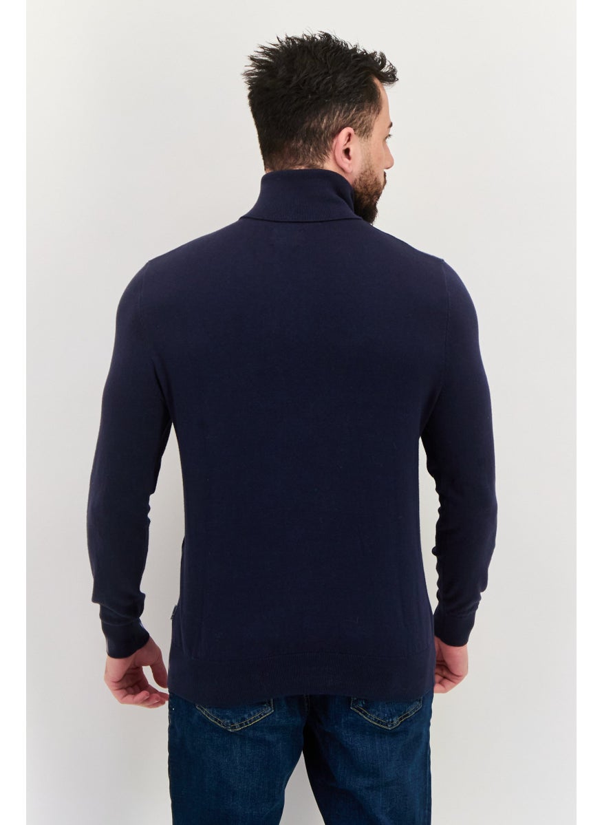 Peter Werth Men Turtle Neck Embroidered Logo Long Sleeves Sweater, Navy  - Image 3