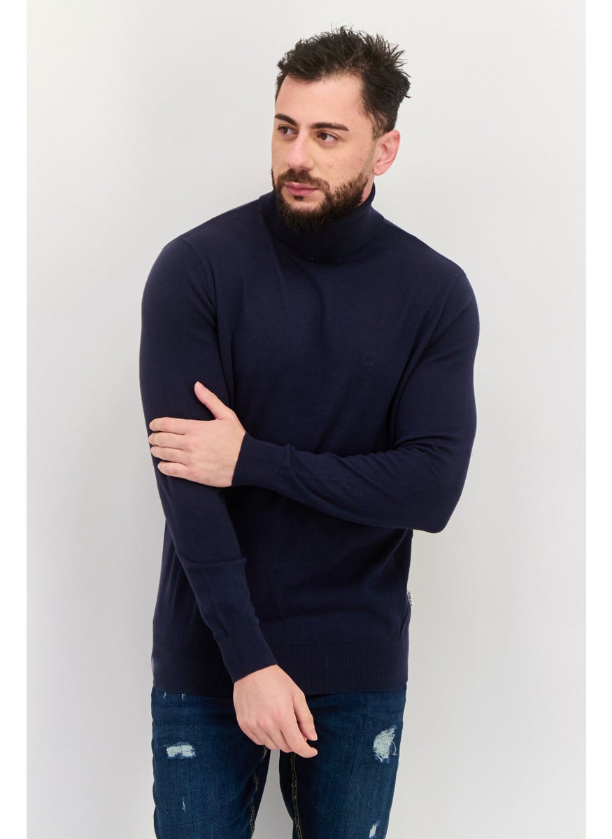 Peter Werth Men Turtle Neck Embroidered Logo Long Sleeves Sweater, Navy  - Image 1