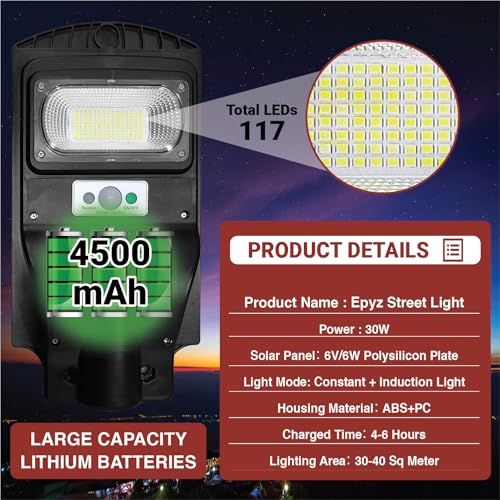 Epyz Plastic 60 Watt Solar Street Lights with Remote, 256 LEDs, Motion Sensor and Dusk to Dawn for Garden, Street, Lawn [ with Out Pole ] [ Pack of 1, Cold White Light ] - Image 5