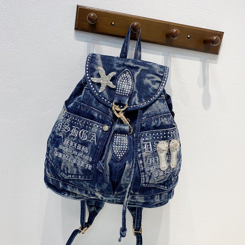 Bags For Women Korean Style Women'S Bag Retro Diamond Casual School Bag Denim Backpack Canvas Backpack - Image 2