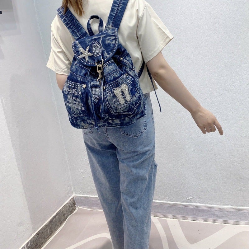 Bags For Women Korean Style Women'S Bag Retro Diamond Casual School Bag Denim Backpack Canvas Backpack - Image 3