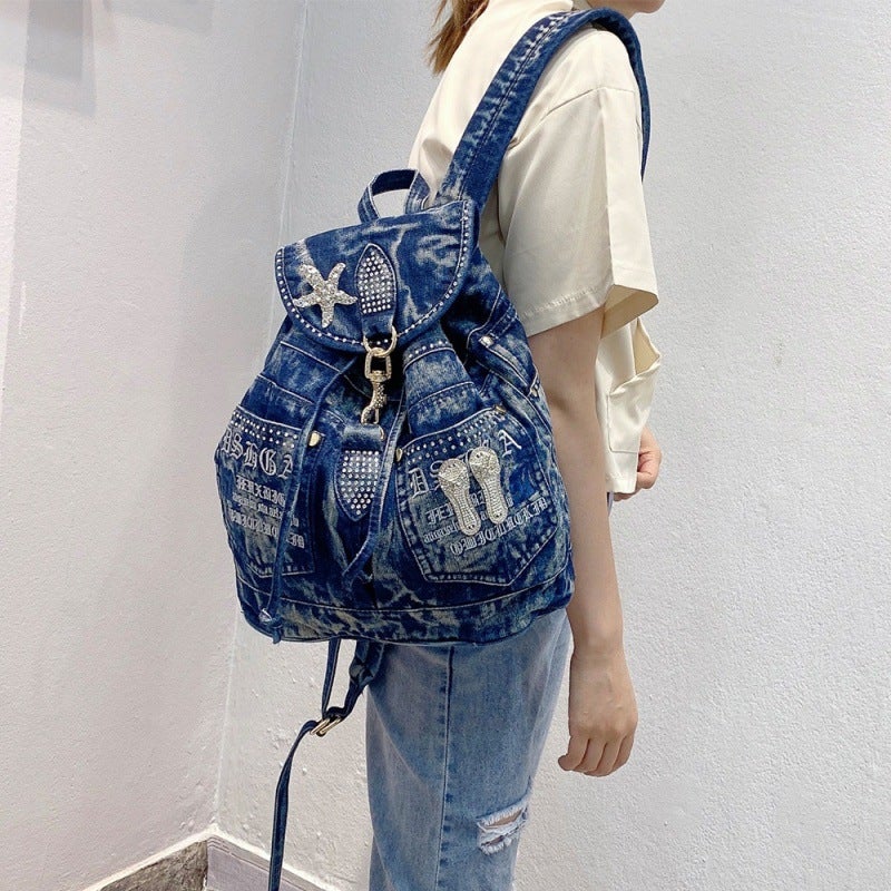 Bags For Women Korean Style Women'S Bag Retro Diamond Casual School Bag Denim Backpack Canvas Backpack - Image 5