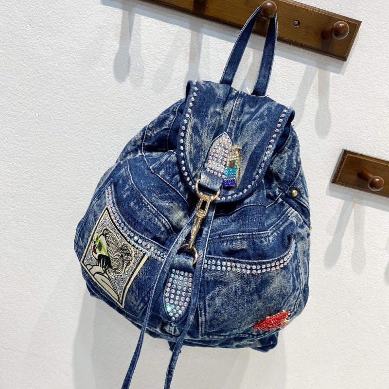 Bags For Women Korean Style Women'S Bag Retro Diamond Casual School Bag Denim Backpack Canvas Backpack - Image 1