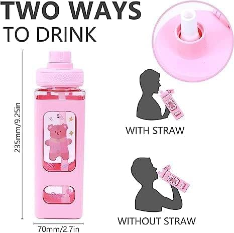 JAMBUVANTI Water Bottle with Straw and Sticker Kawaii Bear Water Bottle Large Sport Plastic Portable Square Drinking Bottle Cute Juice Tea Water Cups Multicolor - Image 3
