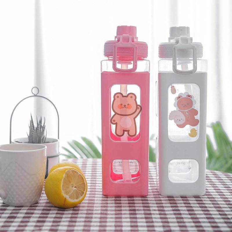JAMBUVANTI Water Bottle with Straw and Sticker Kawaii Bear Water Bottle Large Sport Plastic Portable Square Drinking Bottle Cute Juice Tea Water Cups Multicolor - Image 1