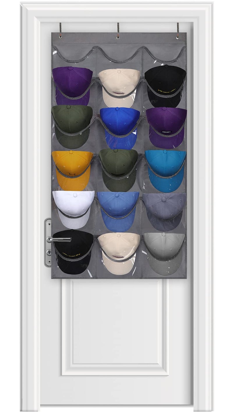 Dofilachy Hat Rack  Hat Organizer  Hat Racks for Baseball Caps Visible Hat Holder  Baseball Hat Rack for Wall Door with 3 Hooks 18 Deep PocketsGrey medium