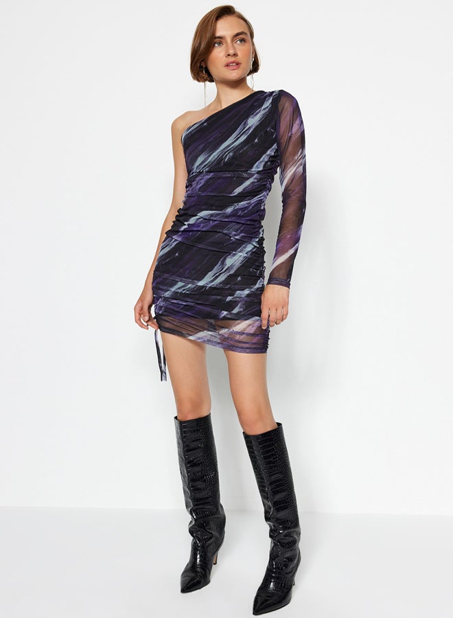 trendyol Purple Printed Tulle Lined Fitted Mini Single Sleeve Gathered Knitted Dress - Image 1