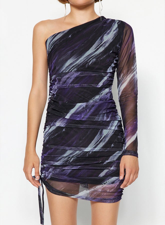 trendyol Purple Printed Tulle Lined Fitted Mini Single Sleeve Gathered Knitted Dress - Image 5