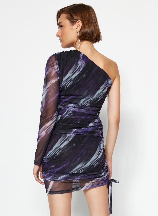 trendyol Purple Printed Tulle Lined Fitted Mini Single Sleeve Gathered Knitted Dress - Image 3