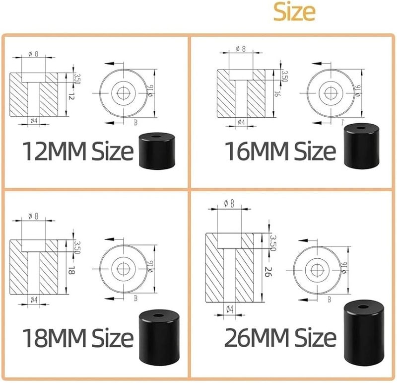 4 قطع أعمدة تسوية سيليكون سوداء M3 M4 مسافات طابعة ثلاثية الأبعاد ارتفاع قابل للتعديل 12-26 ملم M3 18 ملم - Image 3