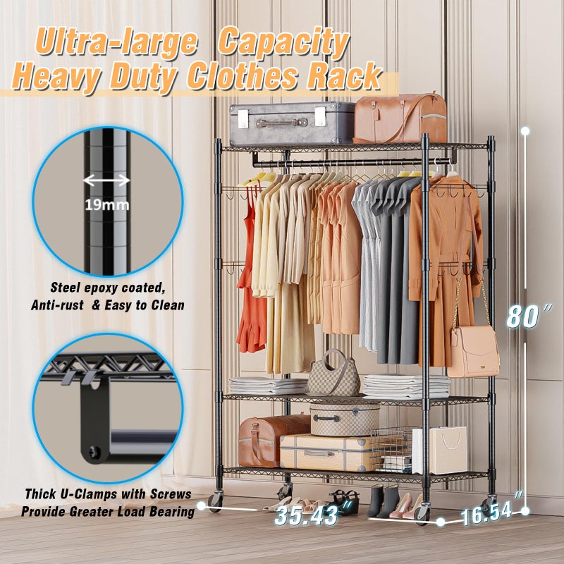 Homdox 3 Tier Heavy Duty Garment Rack with Wheels, Adjustable Wire Clothes Rack with Double Hanging Rods, Portable Closets for Hanging Clothes with Side Hooks, Black - Image 2