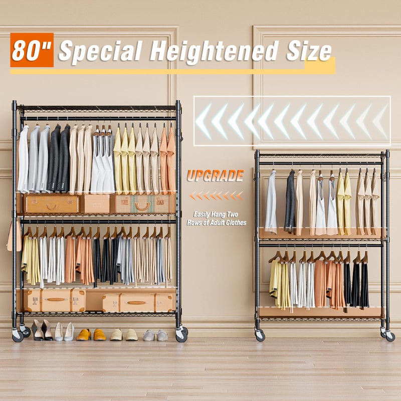 Homdox 3 Tier Heavy Duty Garment Rack with Wheels, Adjustable Wire Clothes Rack with Double Hanging Rods, Portable Closets for Hanging Clothes with Side Hooks, Black - Image 3