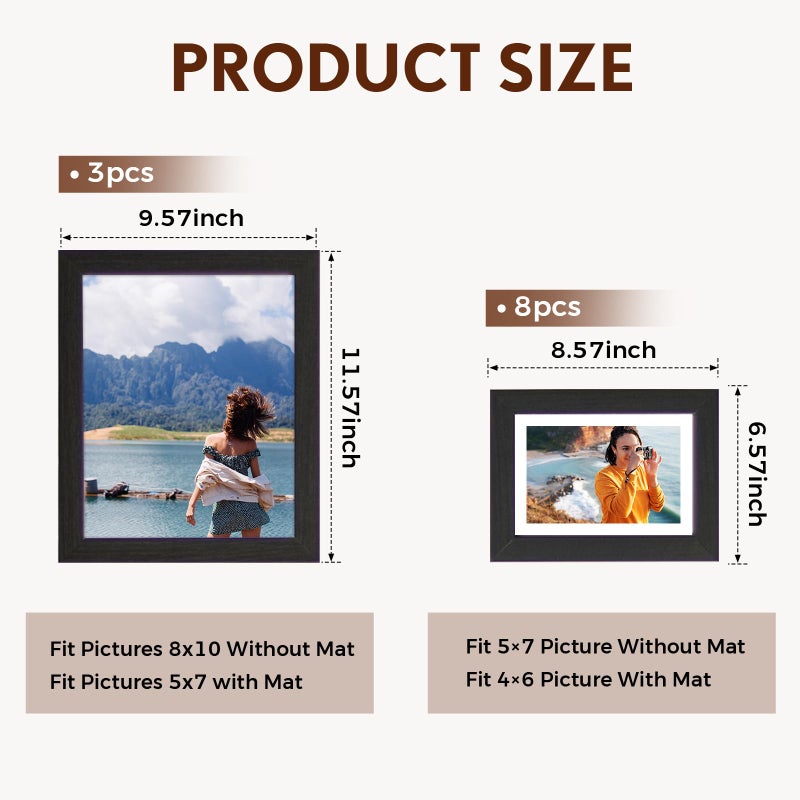Muzilife Picture Frame Set of 11 Gallery Wall Frame Collage with Three 8Ã—10 and Eight 5Ã—7 Photo Frames for Photos, Paintings, Landscape, Posters, Artwork, Perfect for Wall Decor, Black - Image 2