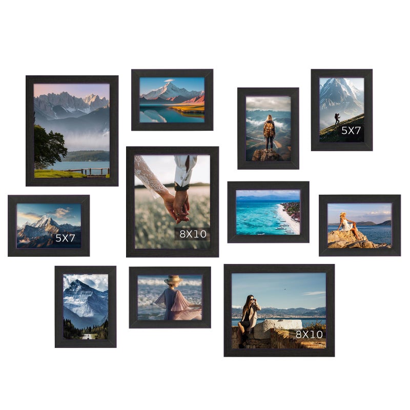 Muzilife Picture Frame Set of 11 Gallery Wall Frame Collage with Three 8Ã—10 and Eight 5Ã—7 Photo Frames for Photos, Paintings, Landscape, Posters, Artwork, Perfect for Wall Decor, Black - Image 1